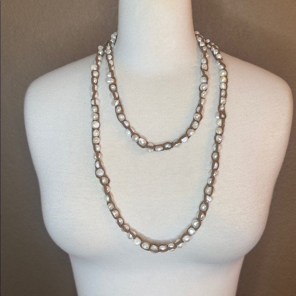Versatile Pearl entwined in brown chord Necklace
